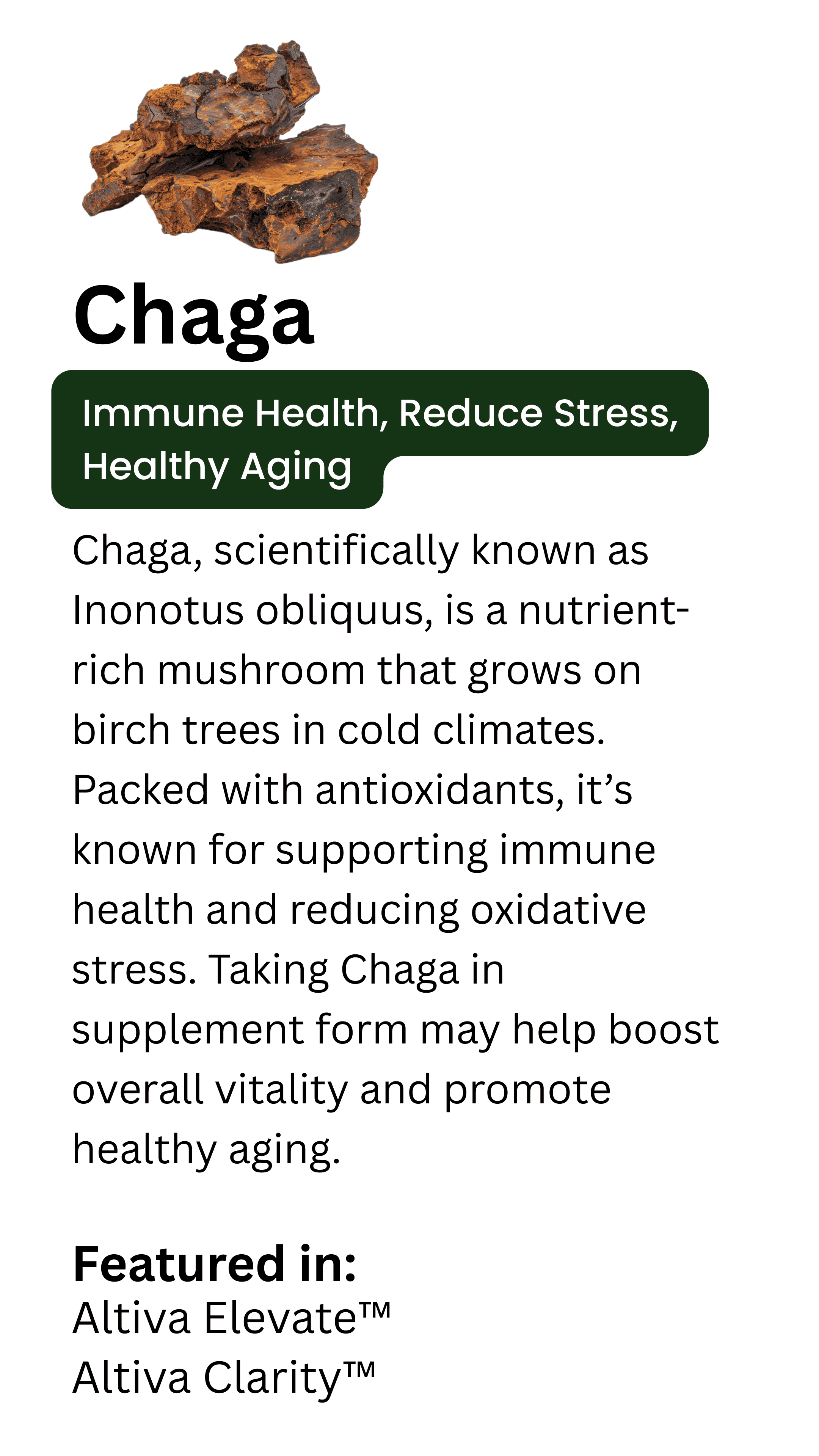 Chaga Mushroom Card with Immune Health, Stress Reduction, and Healthy Aging Benefits in Altiva Functional Blends