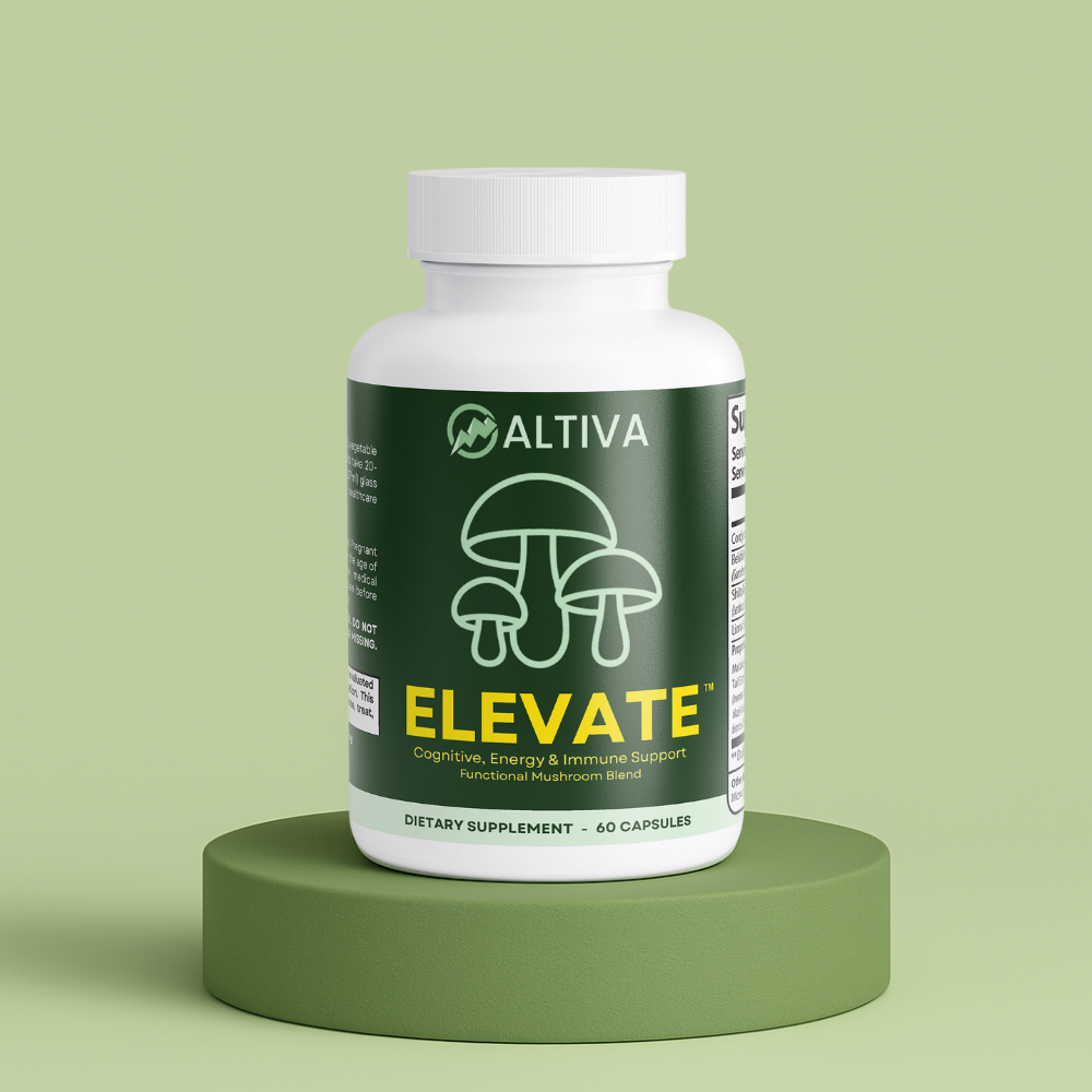Altiva Mushroom 10X Complex Supplement Bottle on Sage Green Pedestal with Lion’s Mane, Reishi, Cordyceps, and Shiitake